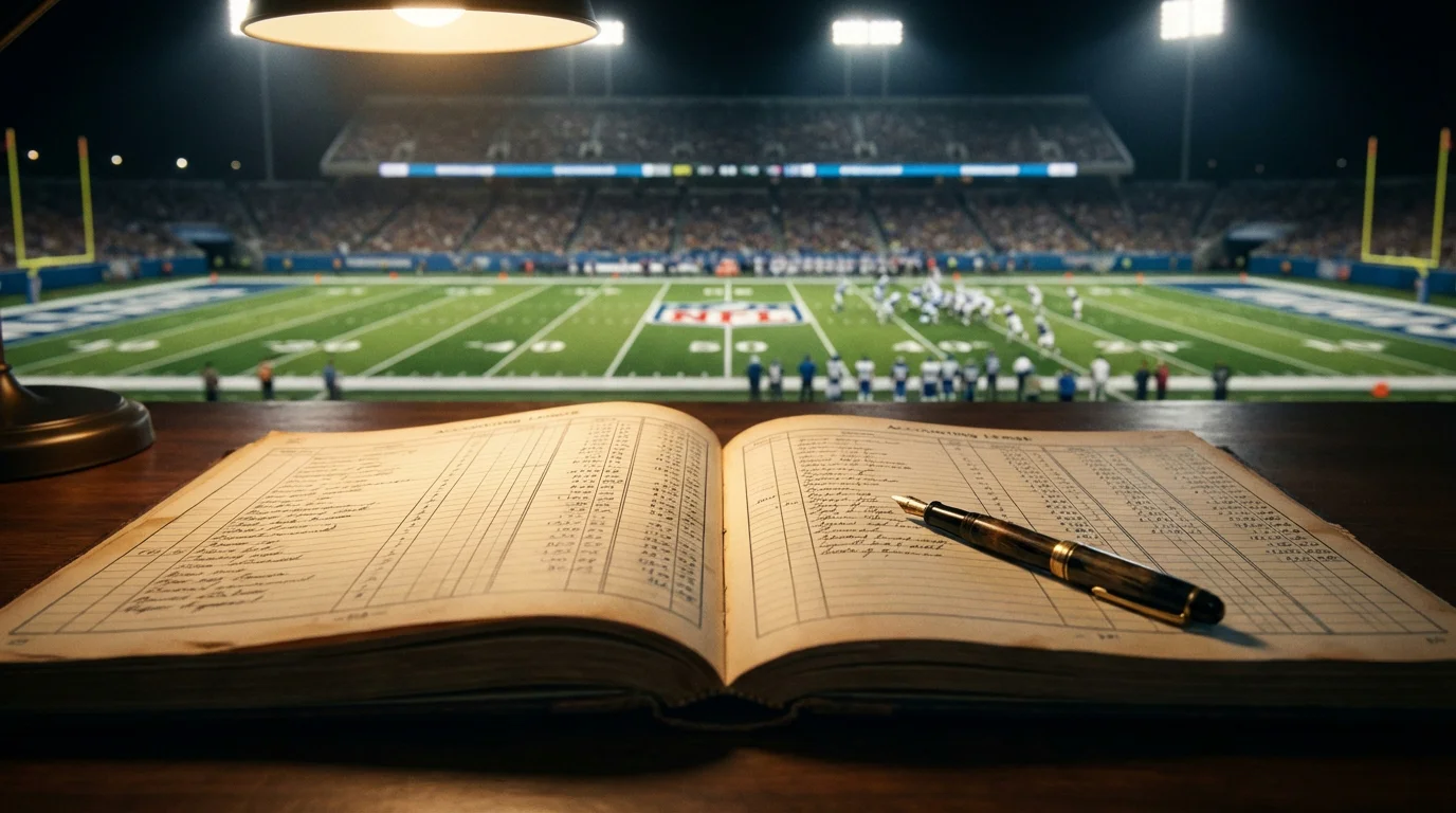 Cuaderno de registro de apuestas abierto junto a un campo de fútbol americano bajo luces del estadio