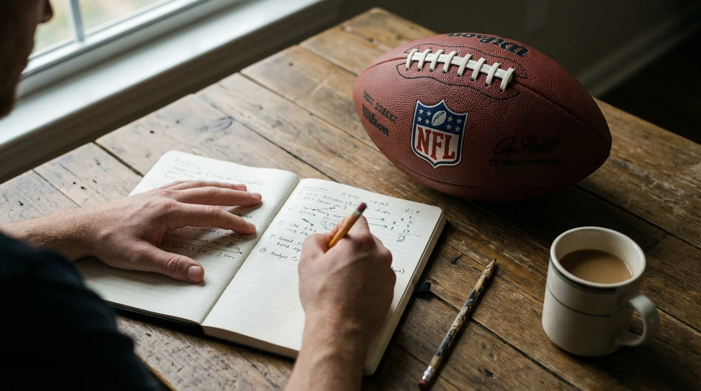 Persona analizando estadísticas de fútbol americano en un cuaderno junto a un balón de la NFL