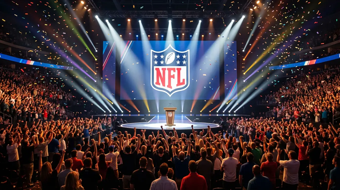 Escenario del Draft de la NFL con un podio iluminado y el logo de la liga en una sala llena de aficionados esperando la selección