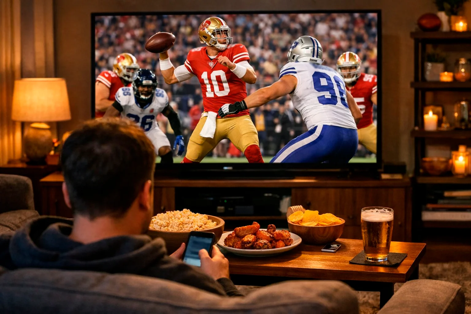 Persona viendo un partido de fútbol americano en televisión desde el sofá