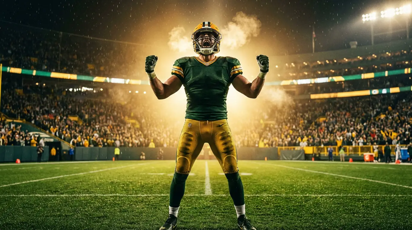 Jugador de fútbol americano celebrando una victoria en un estadio de la NFL iluminado bajo focos nocturnos