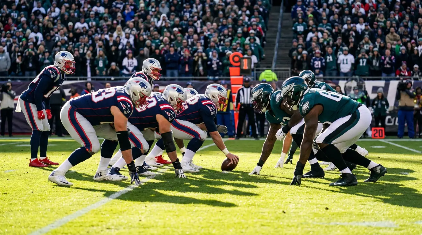 Campo de fútbol americano con ambos equipos en formación ofensiva antes del snap bajo las luces del estadio