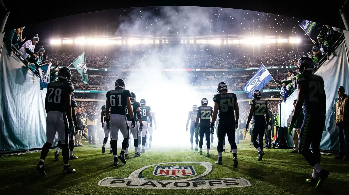 Equipos de fútbol americano entrando al campo en un estadio lleno antes de un partido de playoffs de la NFL