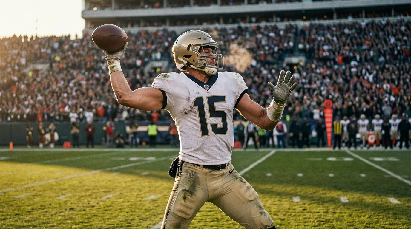 Quarterback de fútbol americano lanzando un pase largo en un estadio lleno de aficionados durante un partido de la NFL