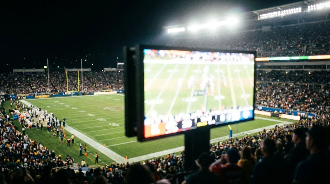 Marcador electrónico de un estadio de fútbol americano mostrando un partido cerrado durante una noche de NFL