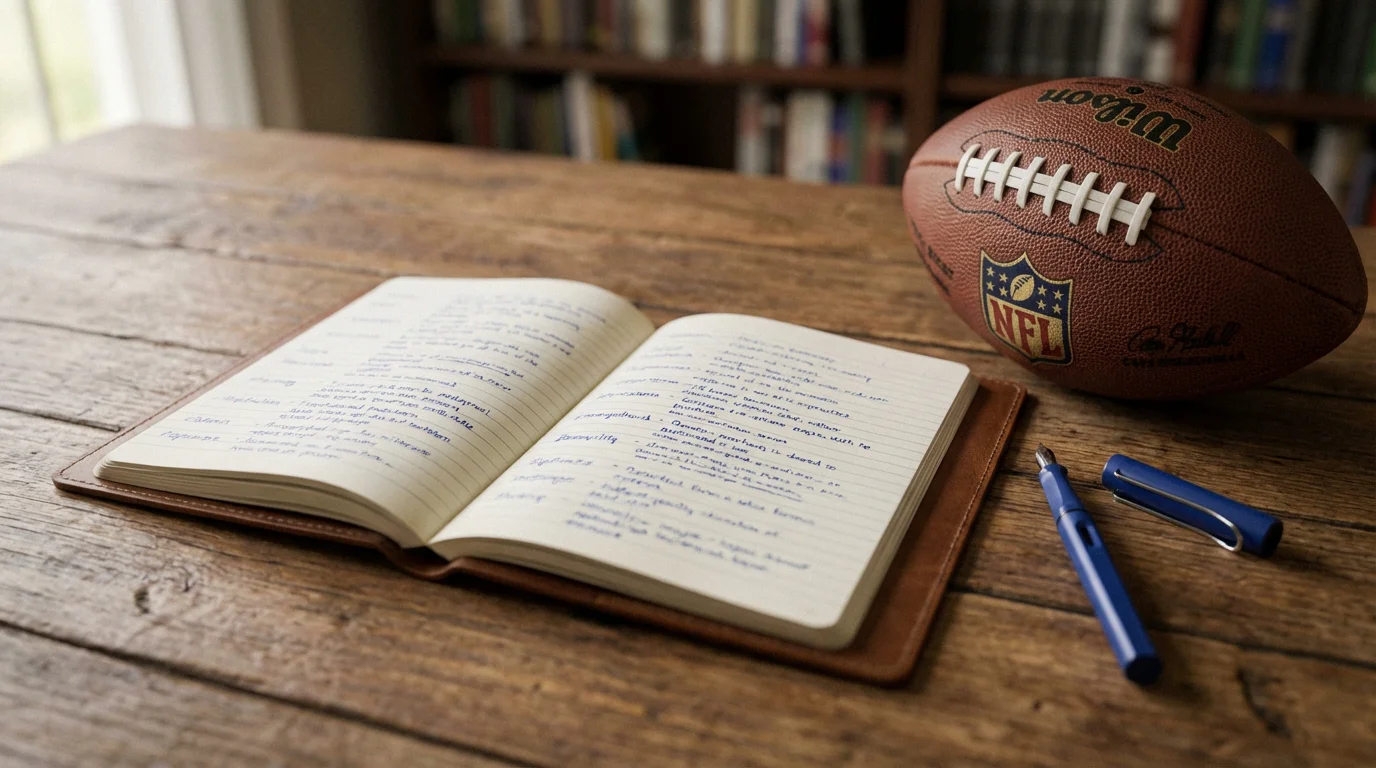 Cuaderno abierto con términos de apuestas escritos a mano junto a un balón de fútbol americano