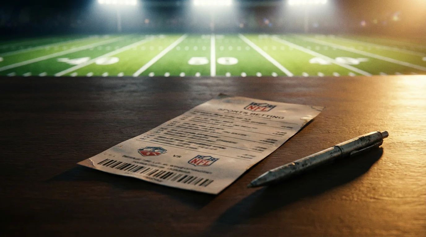 Boleto de apuestas deportivas sobre una mesa junto a un campo de fútbol americano iluminado de noche