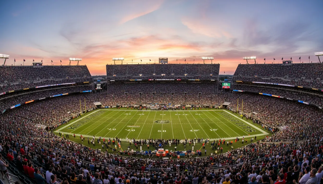 Vista panorámica de un estadio de fútbol americano lleno de aficionados durante el kickoff de un partido de la NFL al atardecer