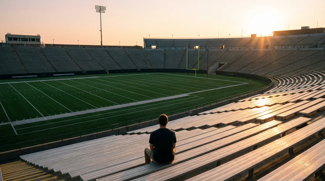 Persona sentada tranquilamente en las gradas vacías de un estadio de fútbol americano al amanecer
