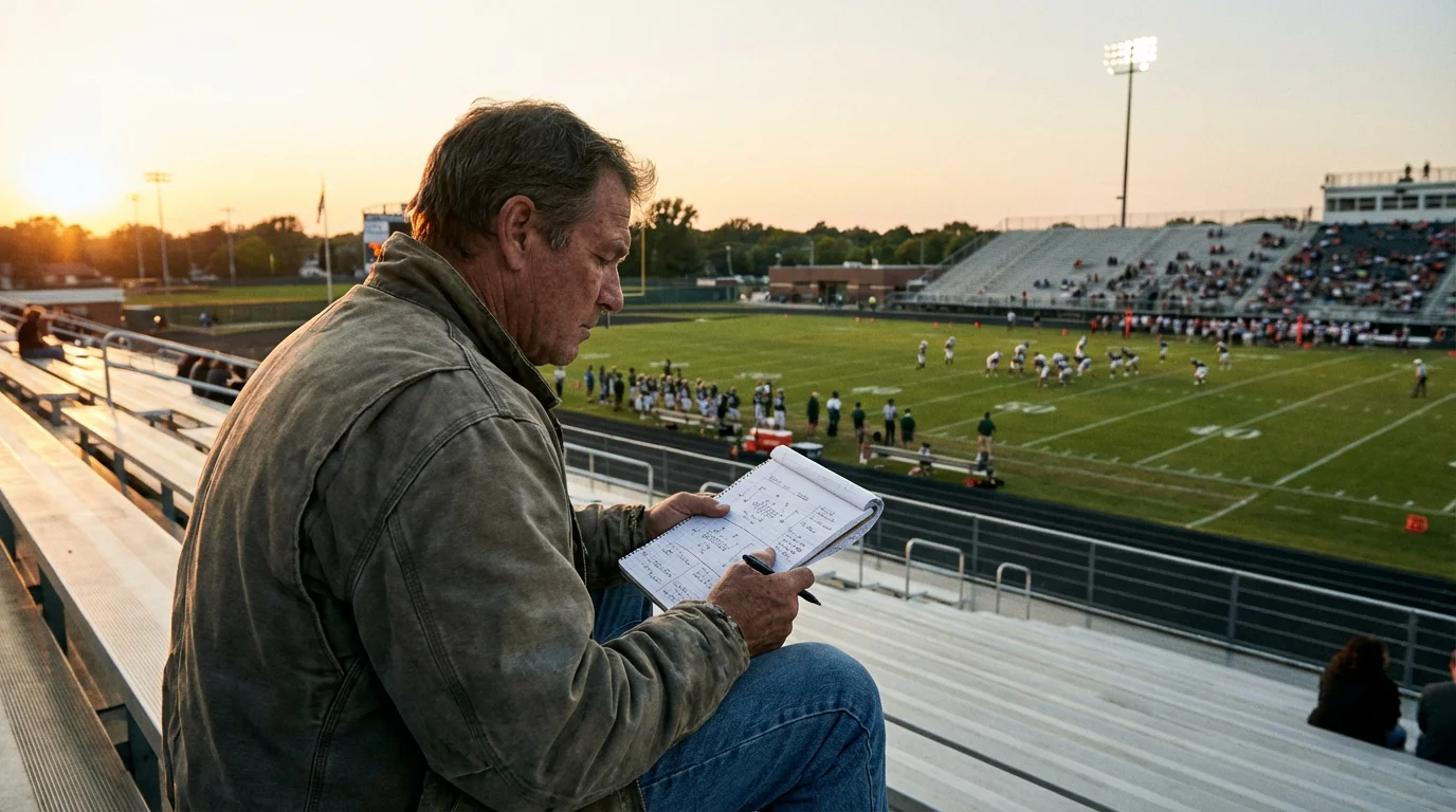 Persona analizando un partido de fútbol americano con un bloc de notas en las gradas de un estadio de la NFL
