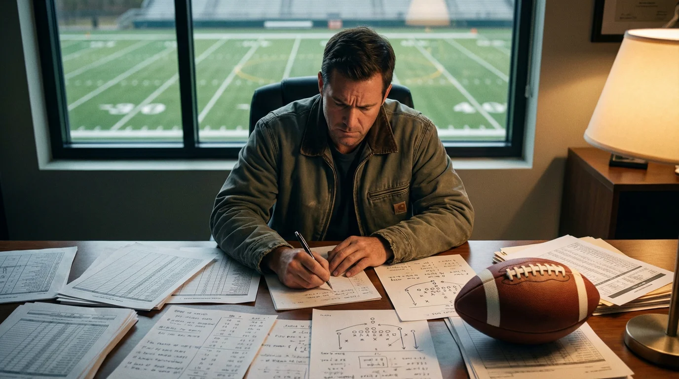 Analista deportivo estudiando datos de fútbol americano en un escritorio con documentos y un campo de la NFL al fondo