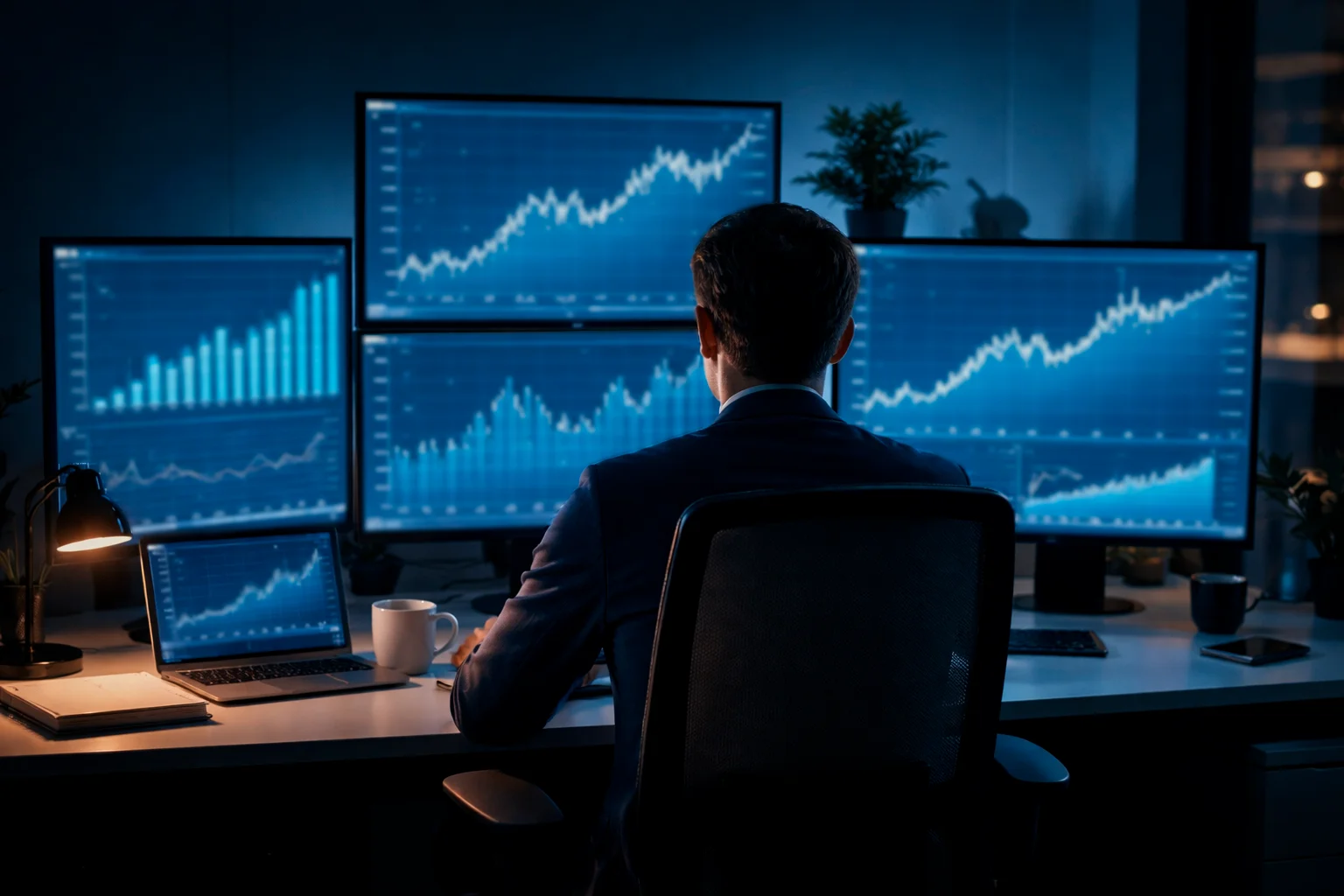 Analista deportivo profesional revisando múltiples pantallas con datos