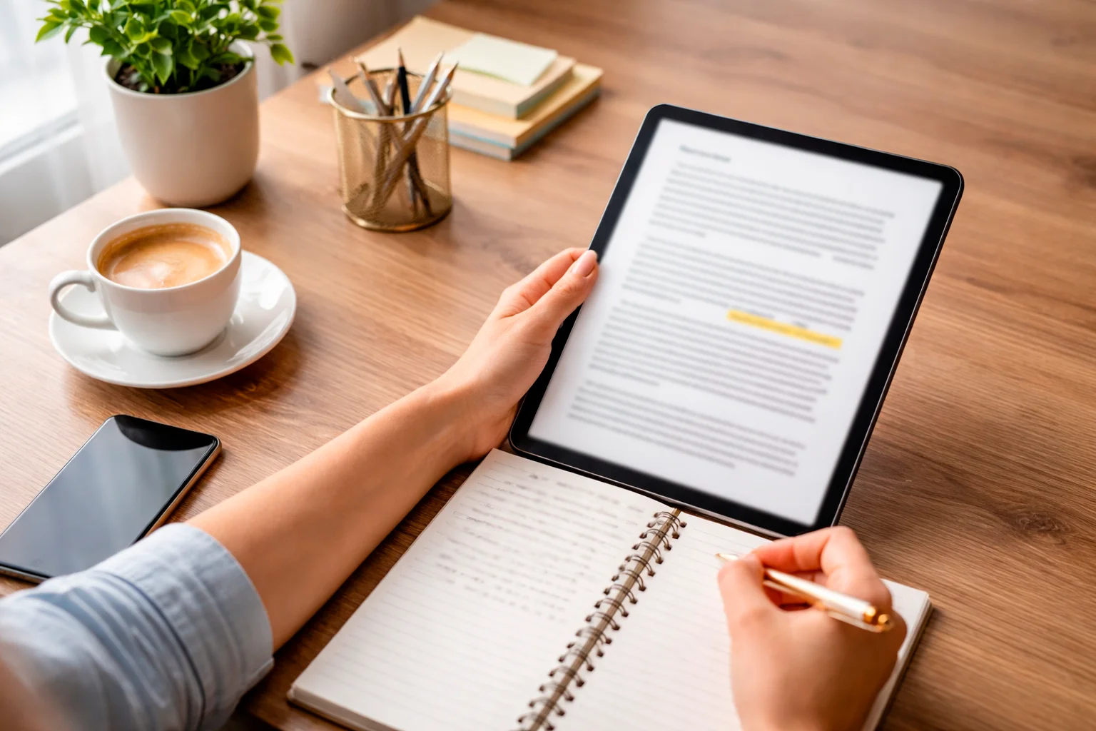 Persona tomando notas mientras analiza información en tablet