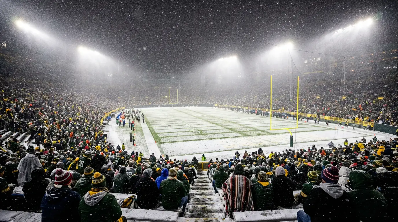 Estadio de fútbol americano al aire libre durante una nevada nocturna con el campo cubierto de nieve ligera y focos encendidos