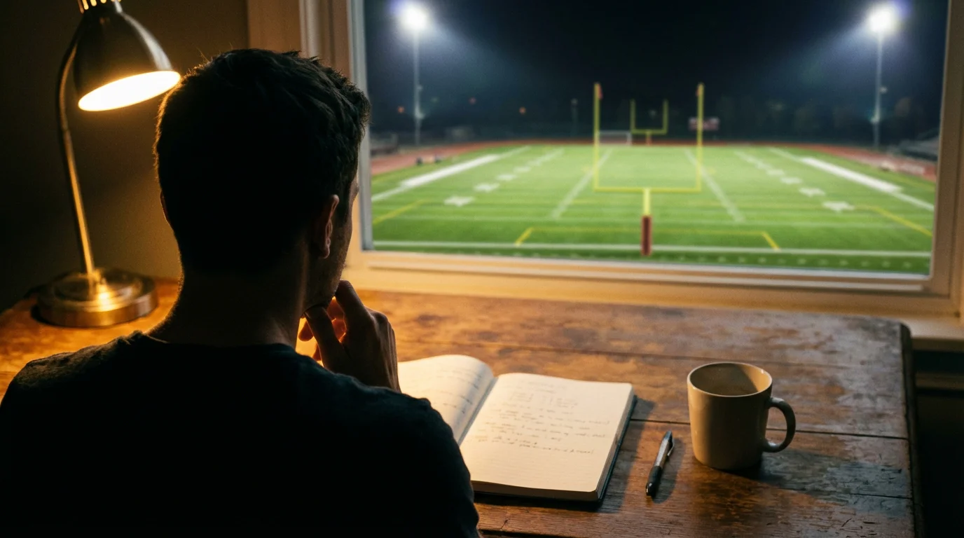 Persona pensativa frente a un cuaderno de apuestas abierto con un campo de fútbol americano al fondo