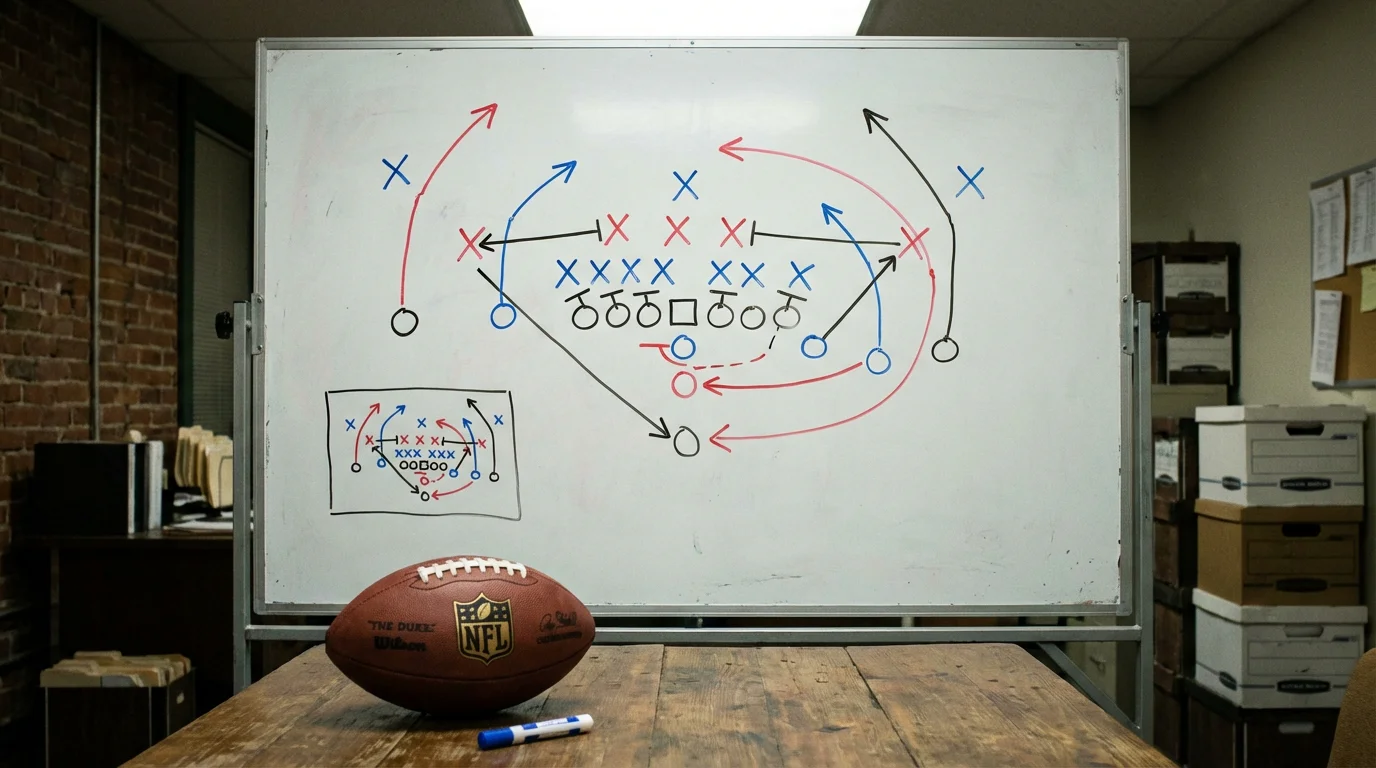Pizarra de estrategia de fútbol americano con diagramas de jugadas y un balón NFL sobre la mesa