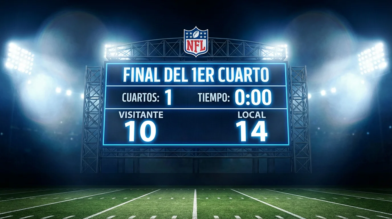 Marcador de un estadio de fútbol americano mostrando el final del primer cuarto bajo focos nocturnos