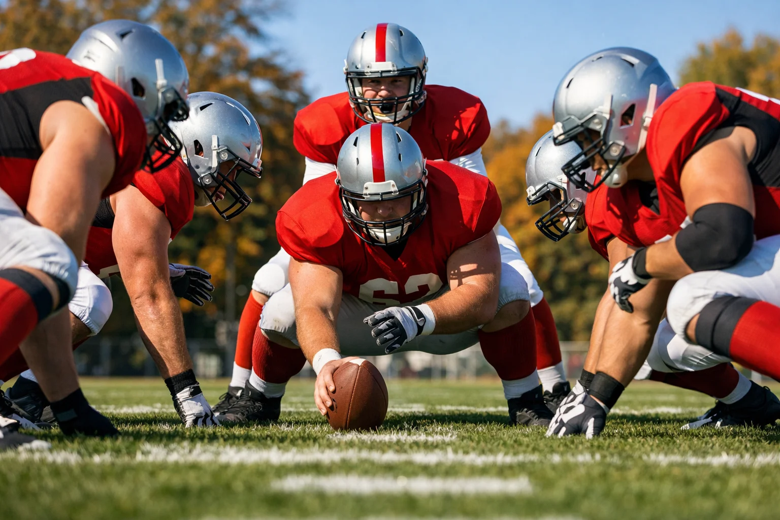 Jugadores de college football en formación antes del snap en campo de césped natural