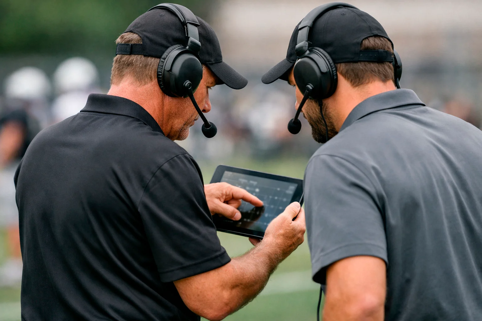 Entrenador de fútbol americano universitario con tableta táctica revisando jugadas con asistentes