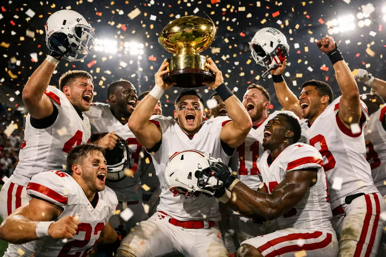 Equipo de college football celebrando victoria con trofeo en campo tras bowl game