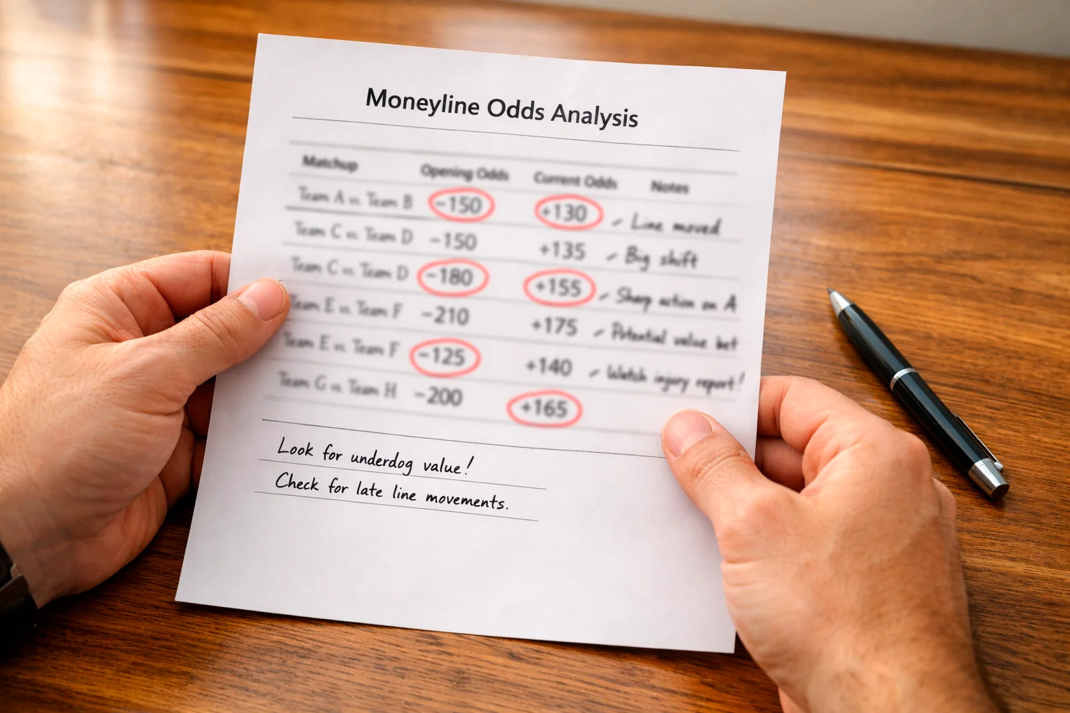 Persona analizando cuotas de apuestas moneyline NFL en documento con anotaciones