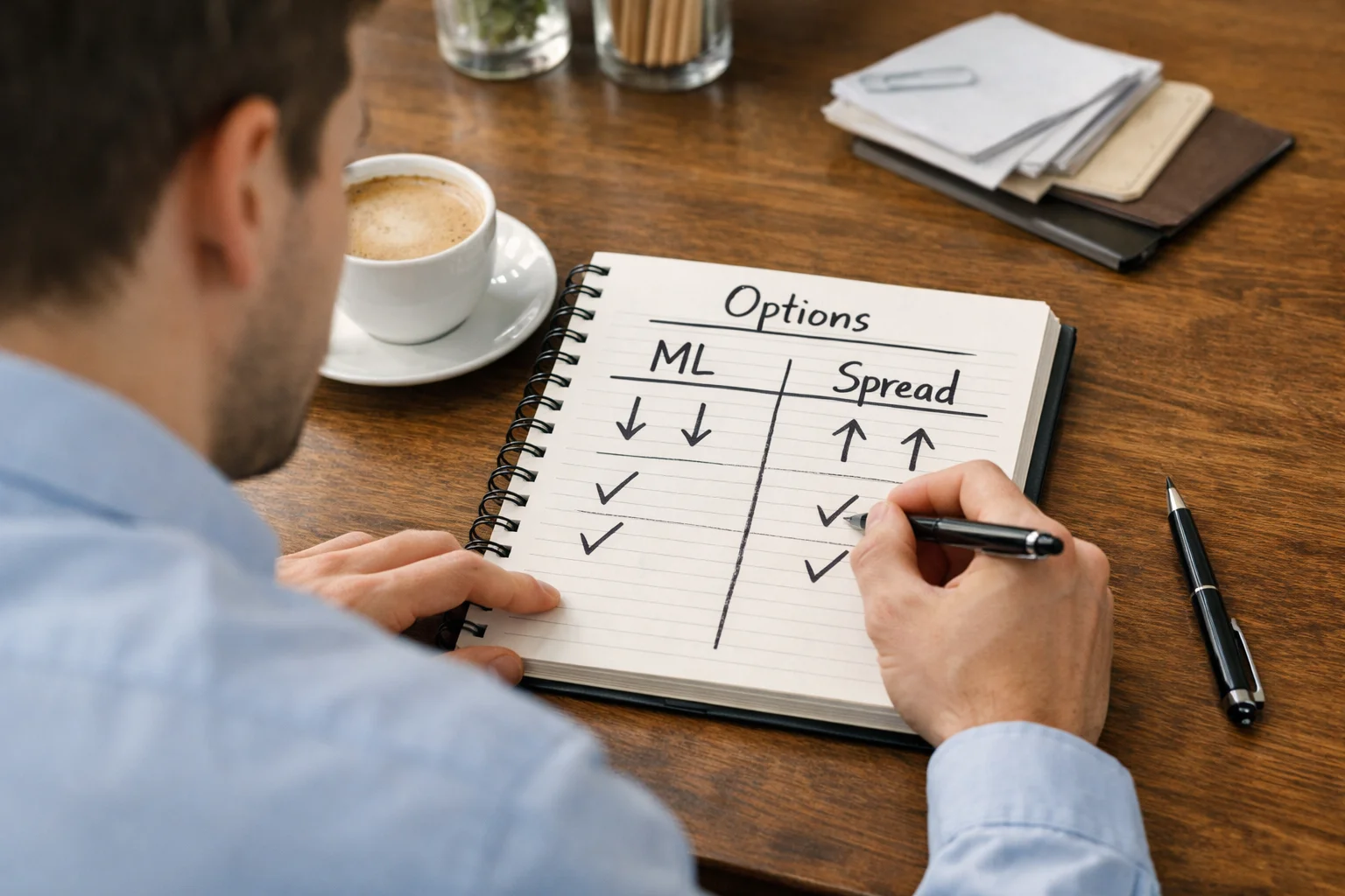 Apostador comparando opciones de mercados spread y moneyline en libreta de notas