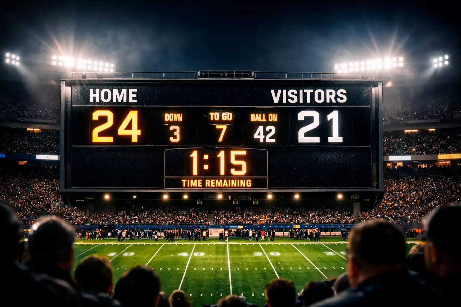 Tablero de estadio NFL mostrando marcador de puntos totales durante partido nocturno