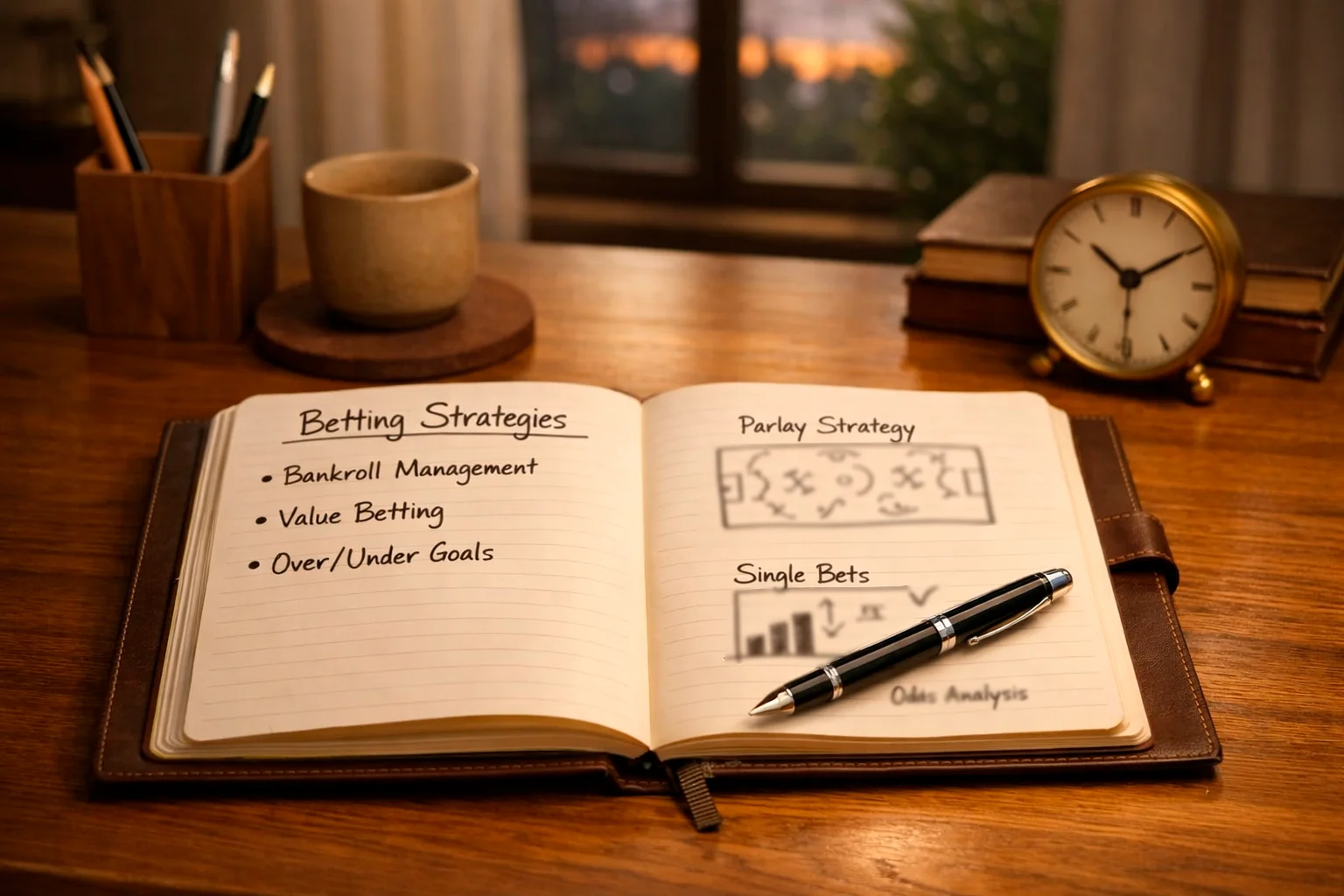 Mesa de trabajo con libreta de estrategias de apuestas y bolígrafo sobre fondo de estadio