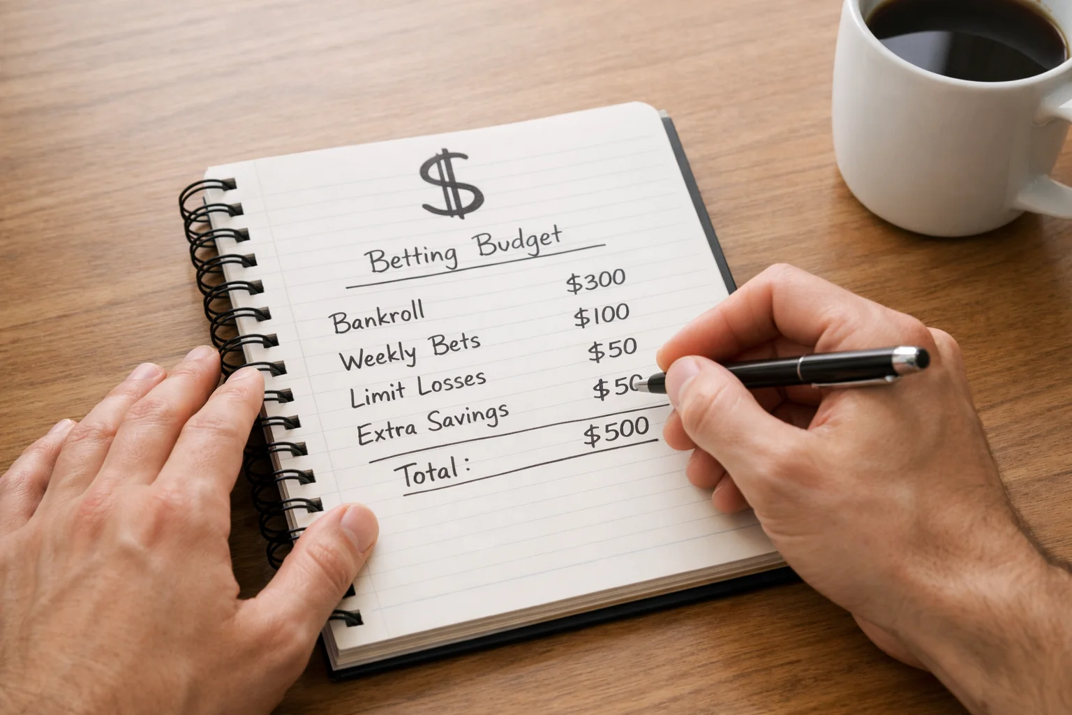 Persona organizando presupuesto de apuestas con libreta de anotaciones y símbolo de dólar