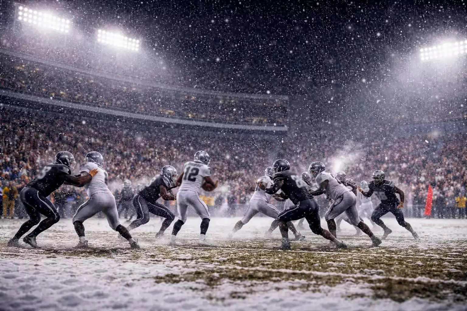 Partido de fútbol americano NFL en estadio con clima frío y nieve durante diciembre