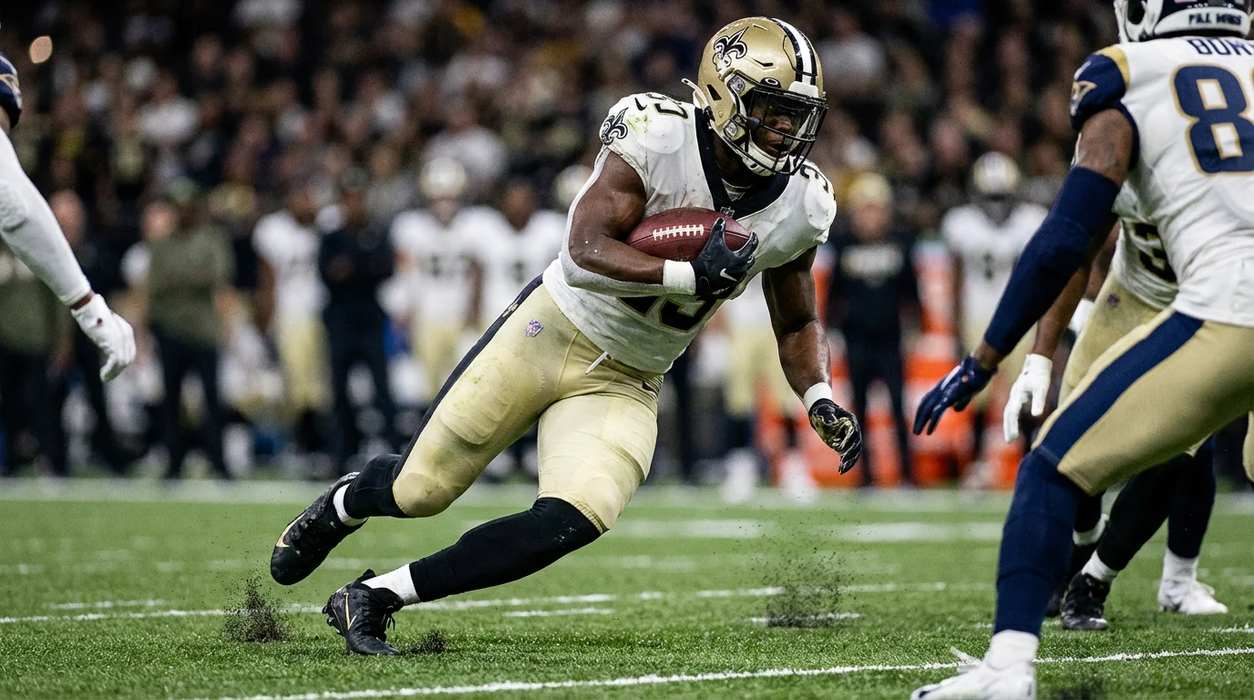 Running back de fútbol americano corriendo con el balón esquivando defensores en un campo de césped natural de la NFL