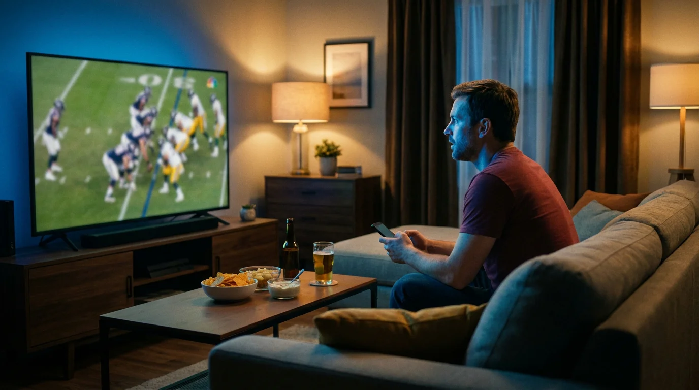 Aficionado viendo un partido de fútbol americano de la NFL en televisión desde el sofá de su casa con el móvil en la mano