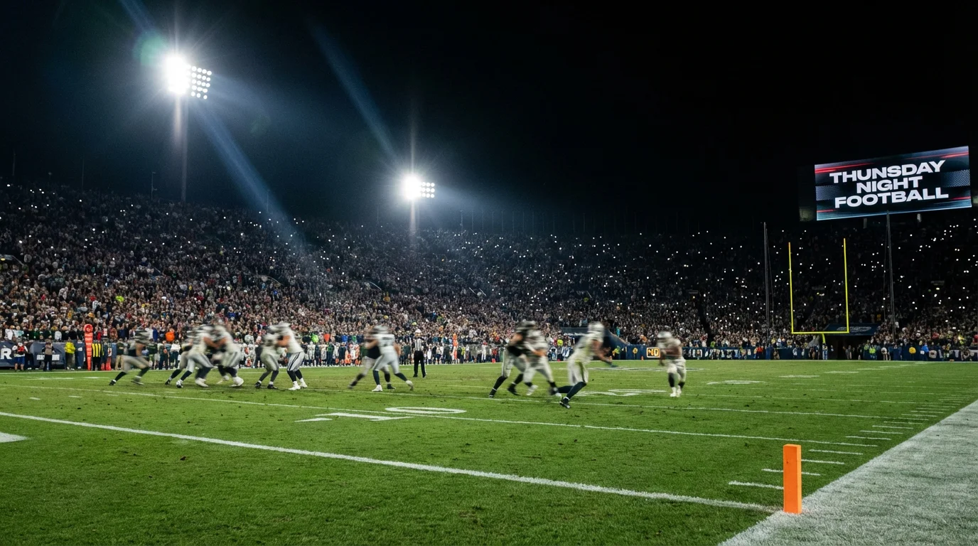 Campo de fútbol americano NFL iluminado por focos en un partido nocturno de prime time con gradas llenas