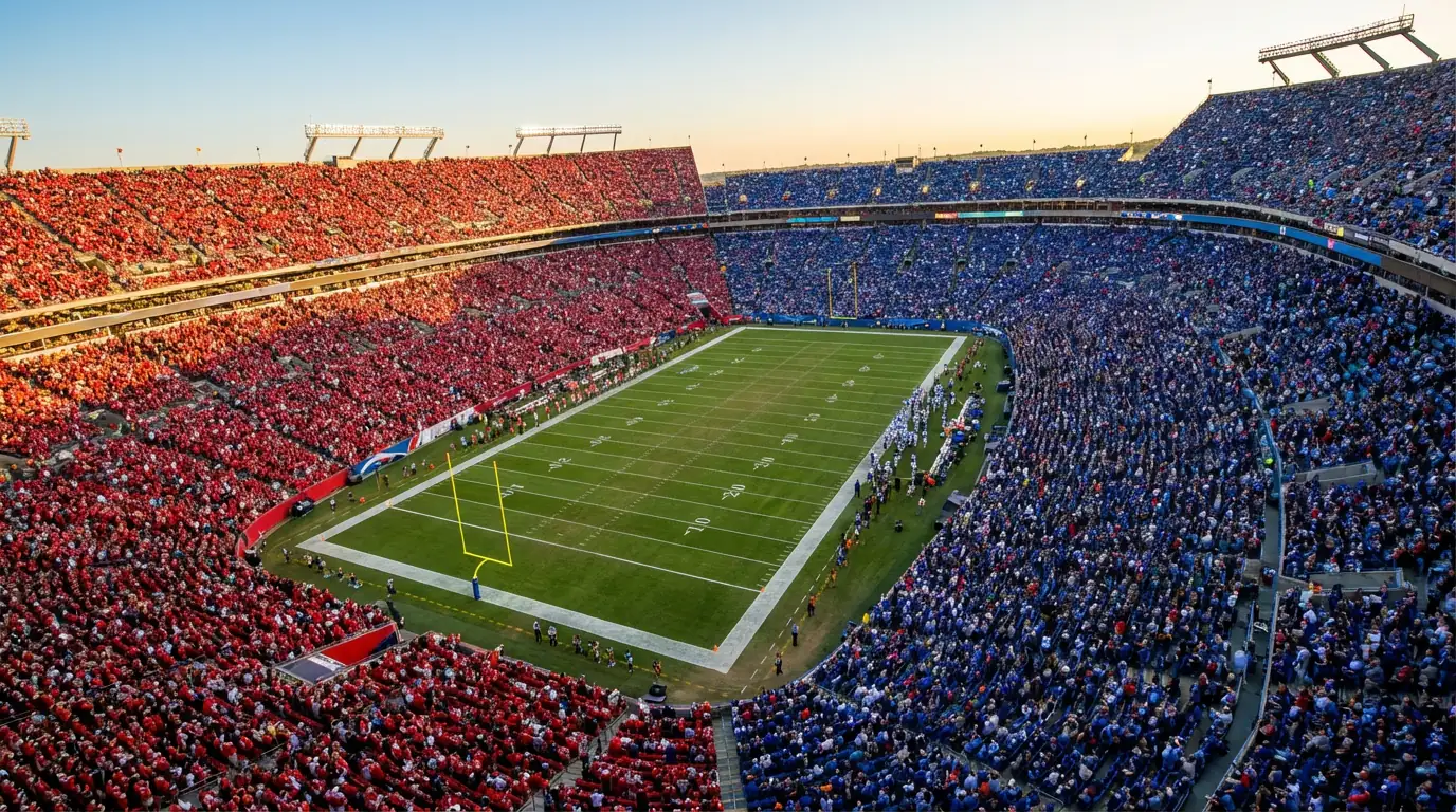 Vista aérea de un estadio de fútbol americano NFL con los colores de dos equipos rivales en las gradas