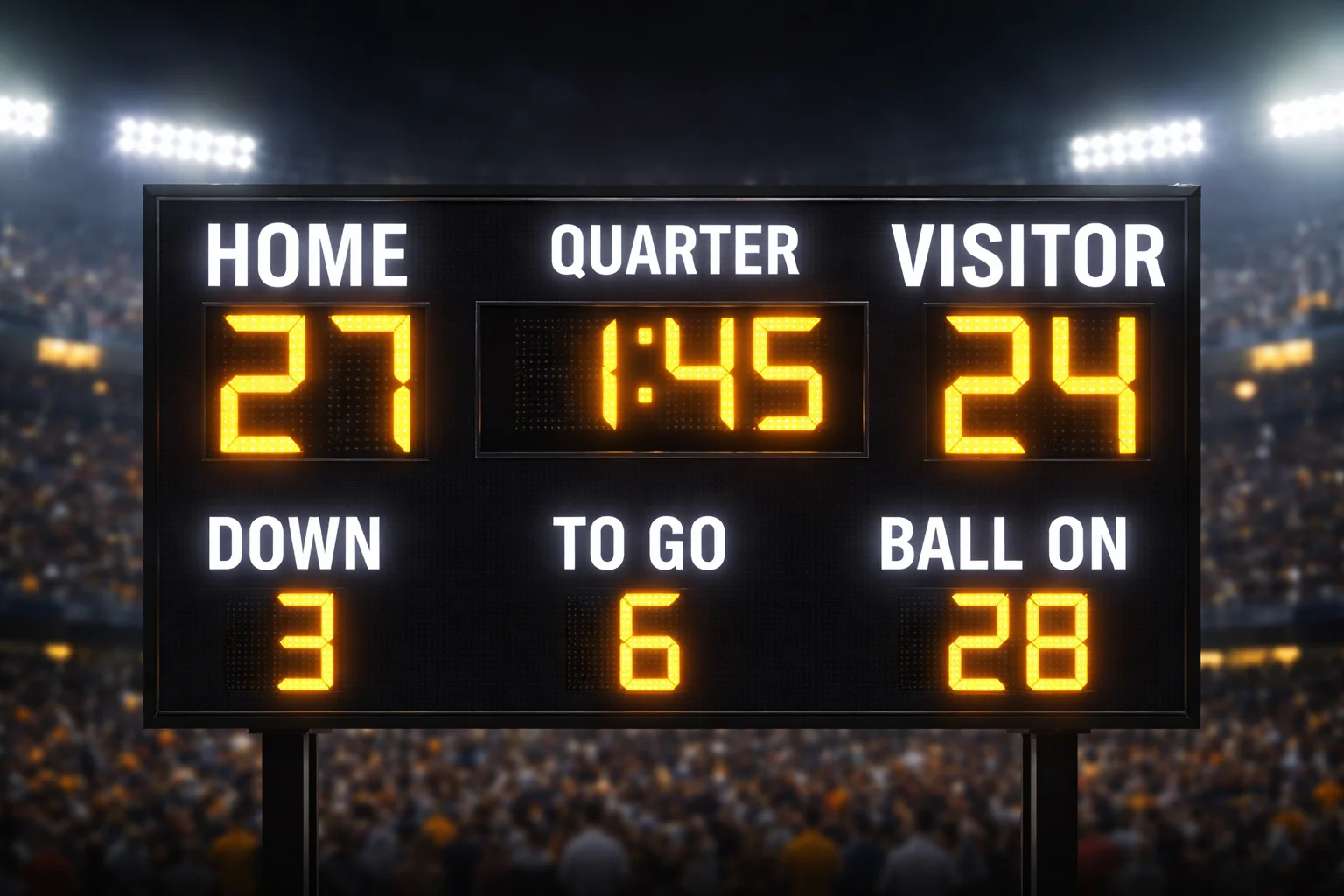 Marcador de estadio de fútbol americano mostrando diferencia de puntos