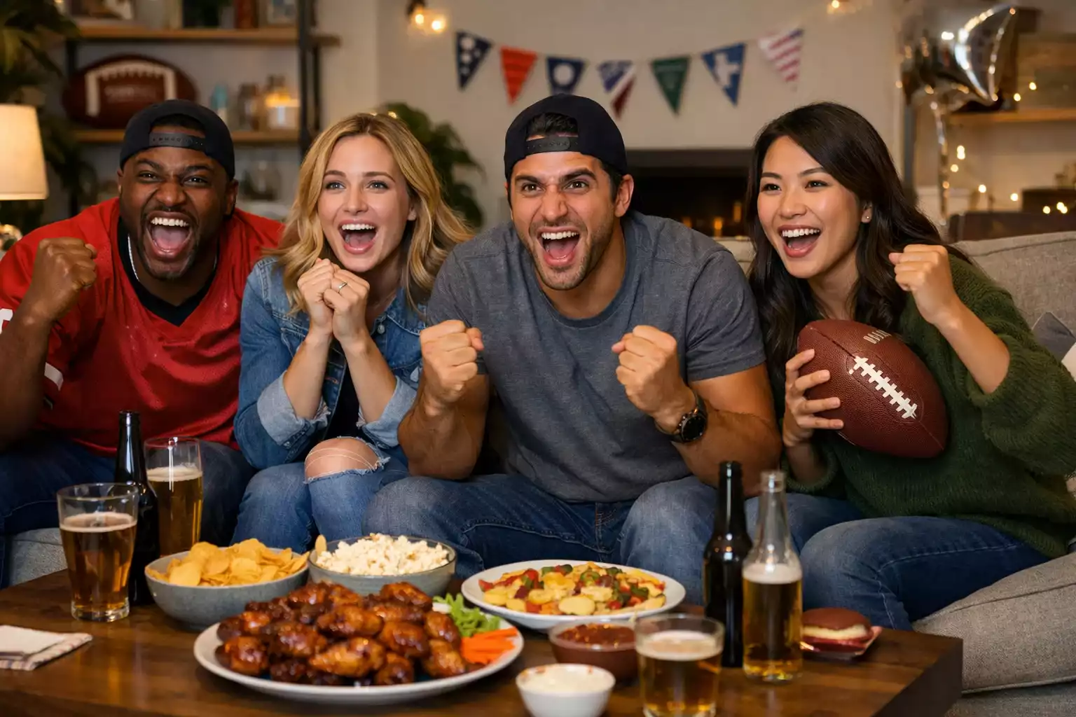 Grupo de amigos viendo el Super Bowl juntos en una sala de estar