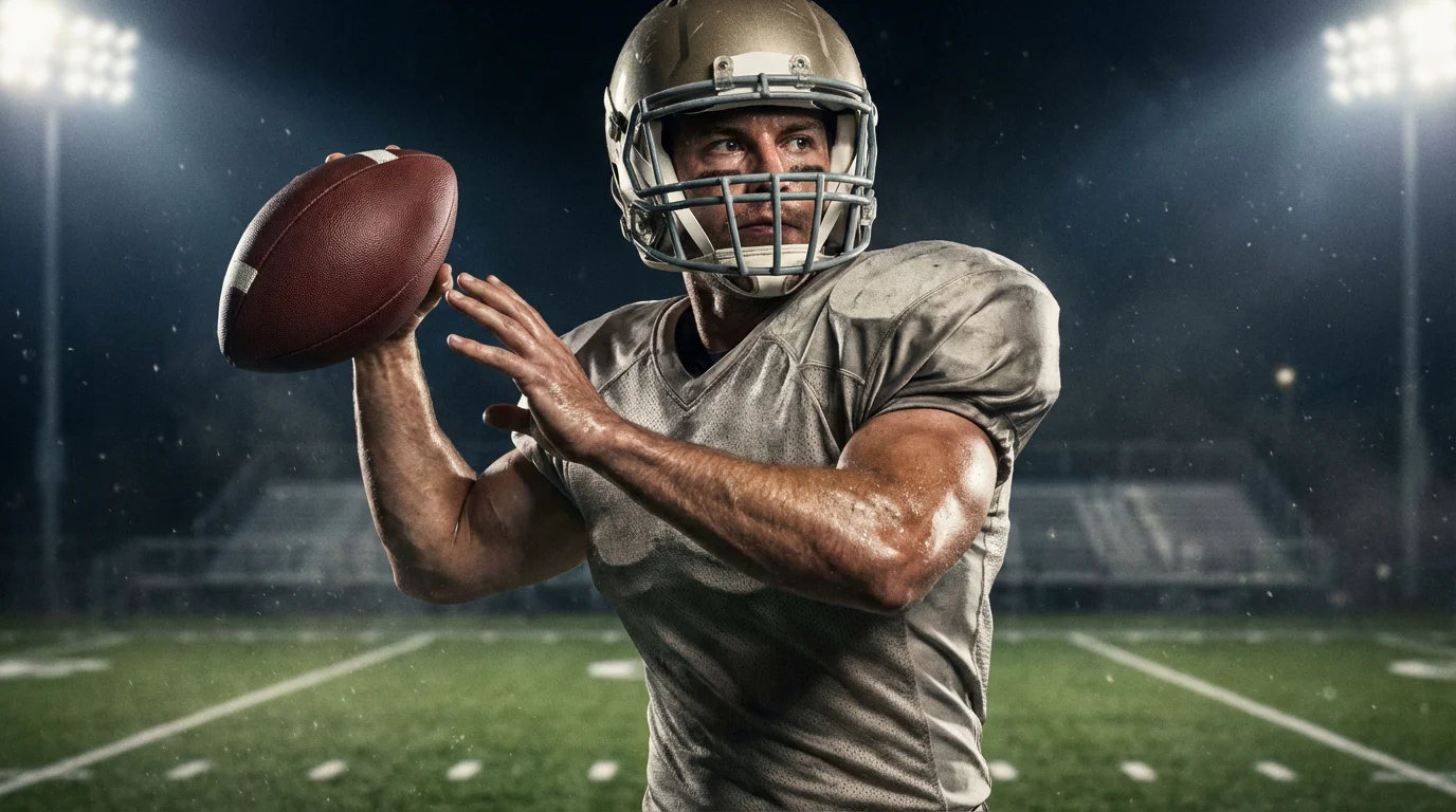 Quarterback de fútbol americano preparándose para lanzar el balón en un estadio iluminado de noche