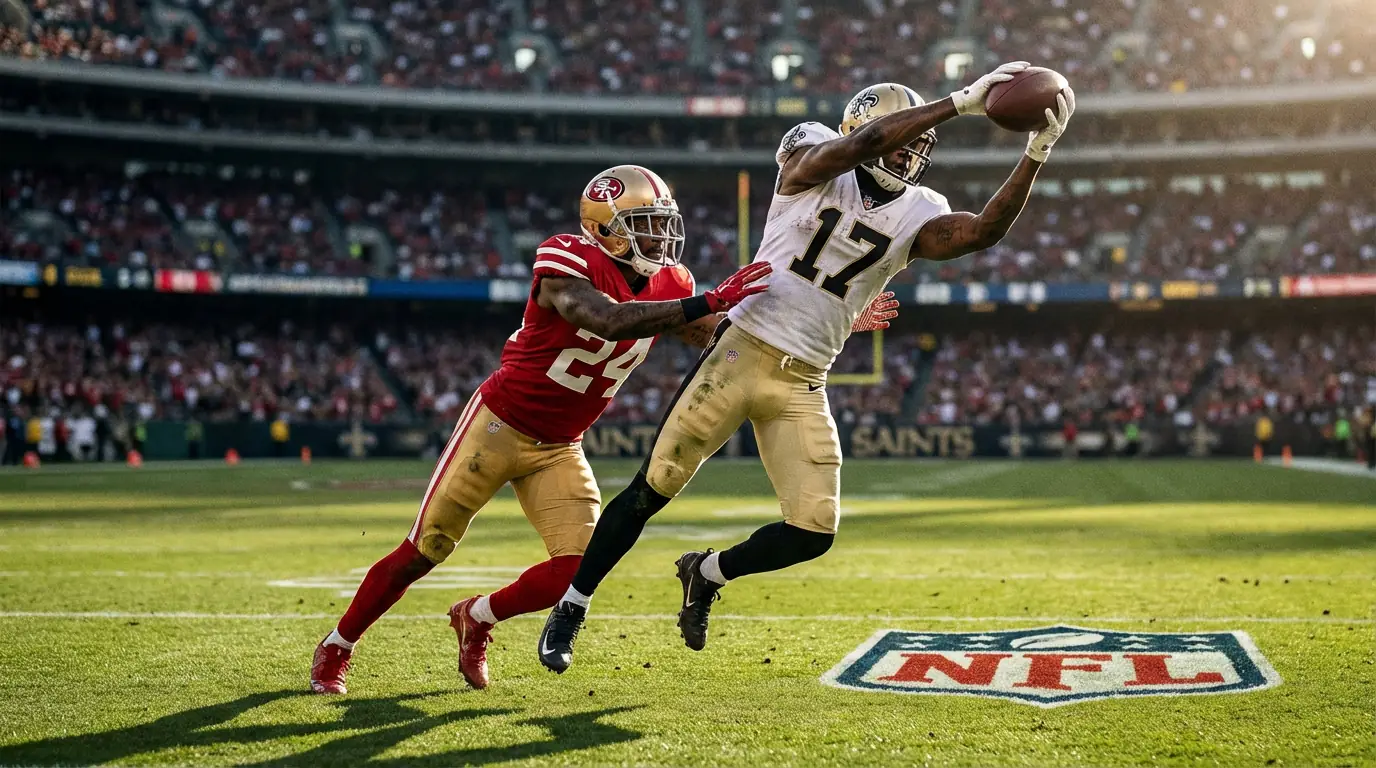 Jugadores de fútbol americano de la NFL en acción durante una jugada de pase con el receptor atrapando el balón