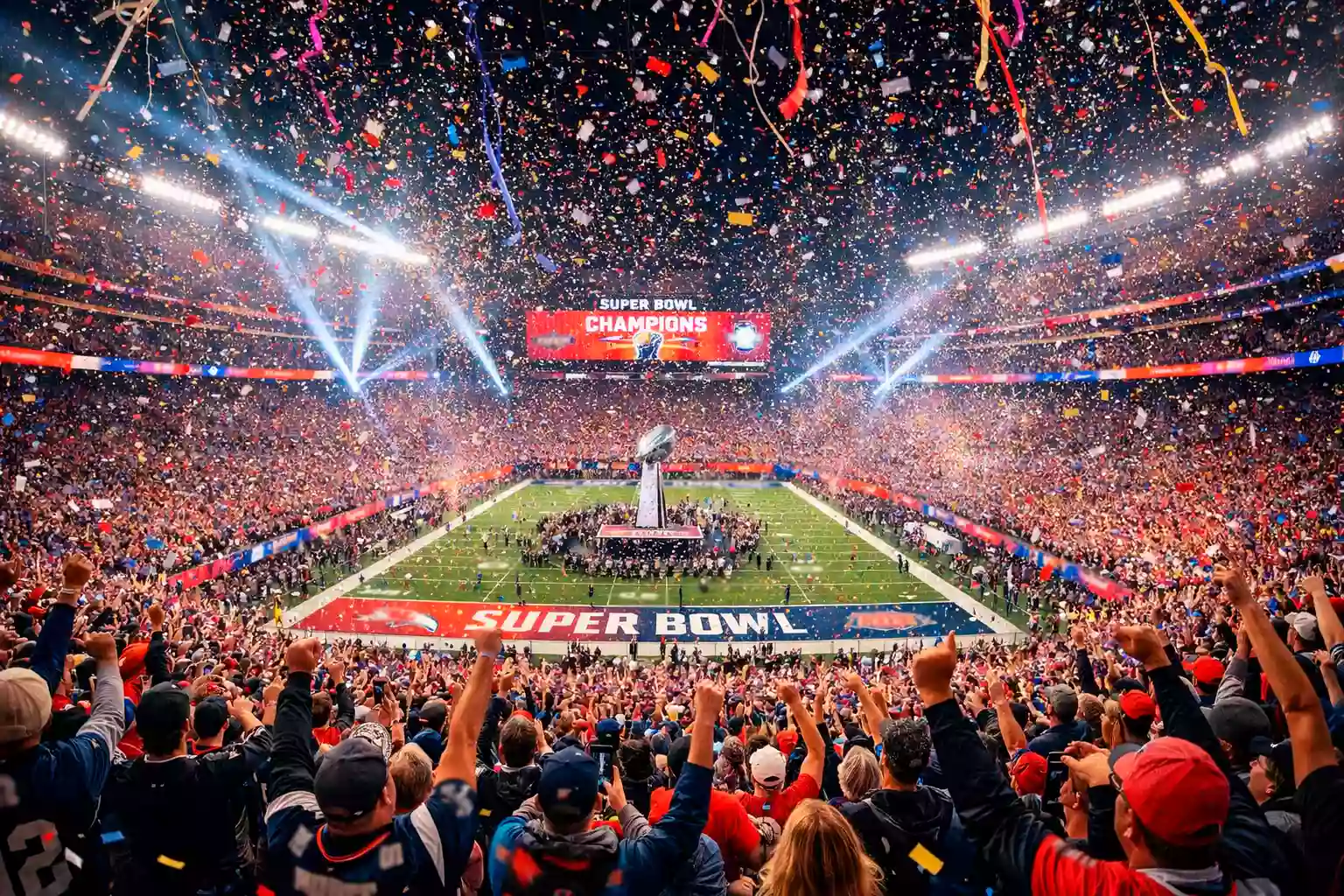 Vista panorámica de un estadio lleno durante el Super Bowl con confeti cayendo