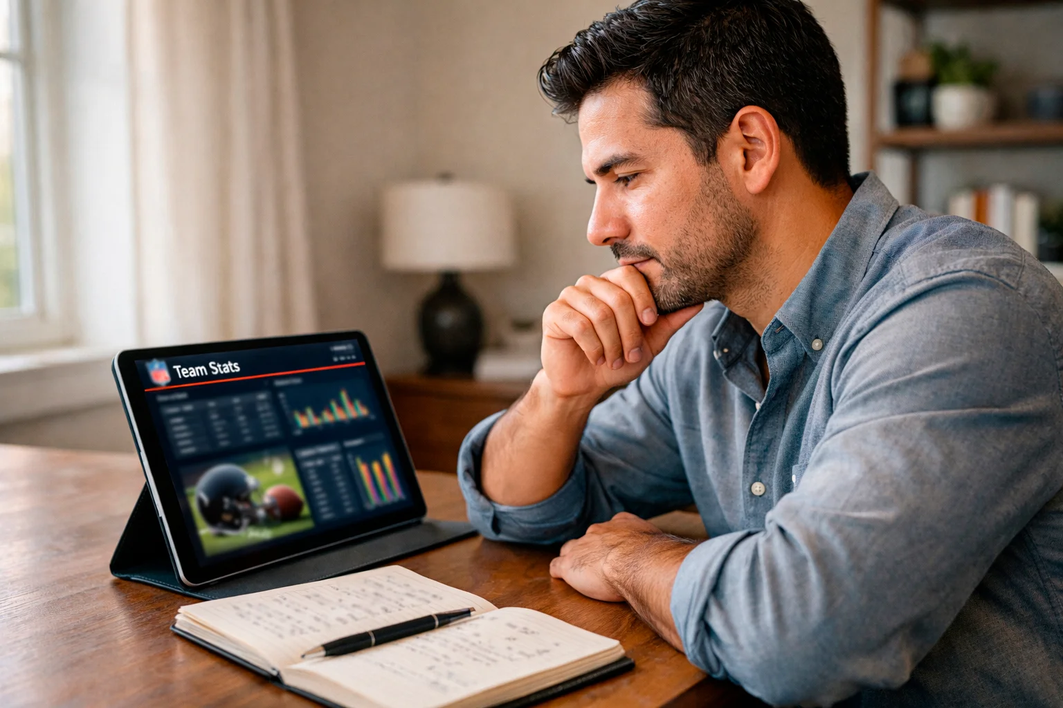 Aficionado analizando estadísticas de fútbol americano en una tablet